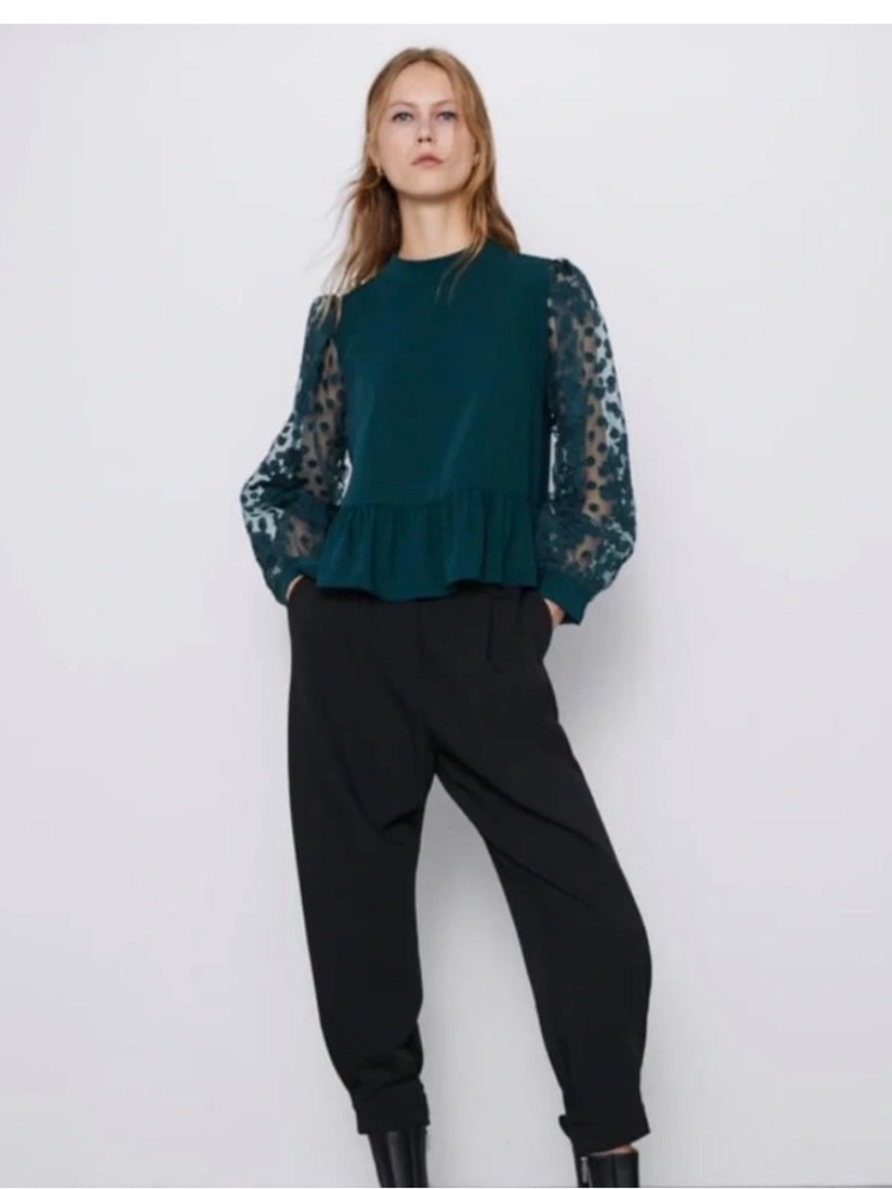 Zara bottle green peplum blouse with organza sleeves L